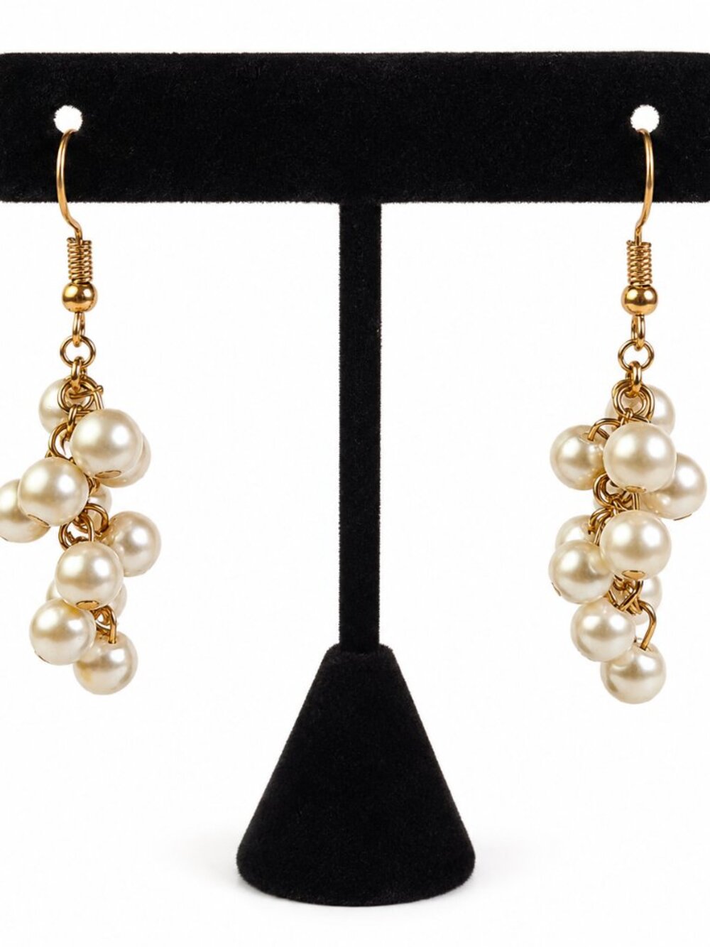 Gold Tone Pearl Cluster Drop Earrings - White Pearl